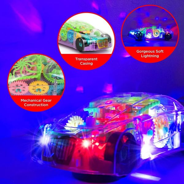 Light Up Transparent Toy Car Mechanical Race Car with Colorful Moving Gears LED Light Effects Plays Music Toy for Kids Age 3+(Green)