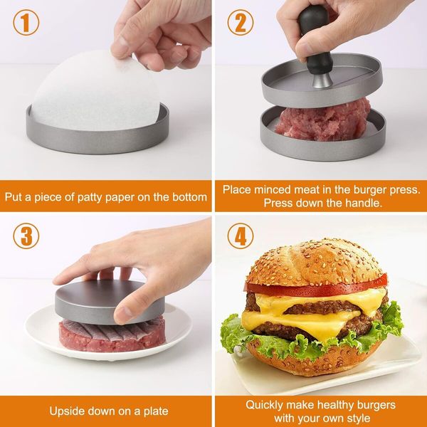 Burger Press with 40 Patty Papers,Non-Stick Hamburger Patty Maker with Wax Paper, Aluminum Burger Maker for Kitchen BBQ Grill