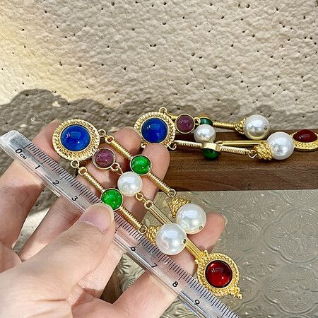 Vintage no-pierced palace style treasure tassel ear clip ancient color glass earrings stud clip no-pierced