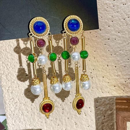 Vintage no-pierced palace style treasure tassel ear clip ancient color glass earrings stud clip no-pierced