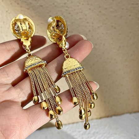 Vintage no-pierced palace style treasure tassel ear clip ancient color glass earrings stud clip no-pierced