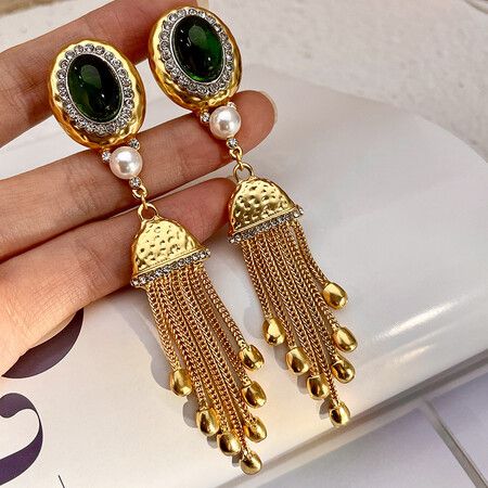 Vintage no-pierced palace style treasure tassel ear clip ancient color glass earrings stud clip no-pierced