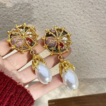 Niche retro  no-pierced palace style treasure tassel ear clip ancient color glass earrings stud clip no-pierced