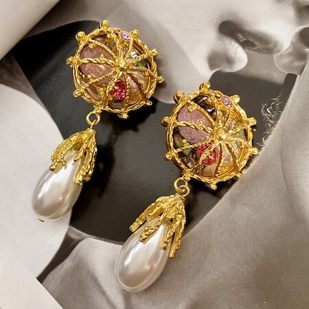 Niche retro  no-pierced palace style treasure tassel ear clip ancient color glass earrings stud clip no-pierced