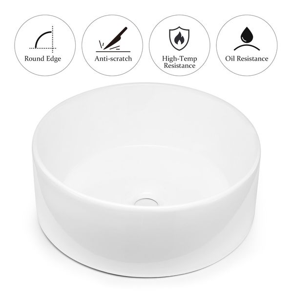 White Bathroom Sink Vessel Hand Wash Basin Vanity Washing Bowl Above Counter Toilet Bath Countertop Ceramic Modern Round 