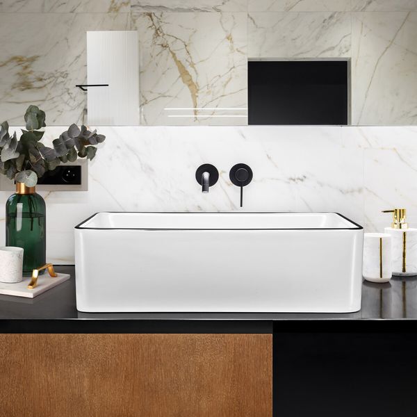 White Bathroom Sink Vessel Washing Basin Vanity Hand Wash Bowl Above Counter Bath Toilet Countertop Modern Ceramic Rectangle 