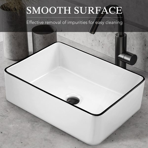 White Bathroom Sink Vessel Washing Basin Vanity Hand Wash Bowl Above Counter Bath Toilet Countertop Modern Ceramic Rectangle 