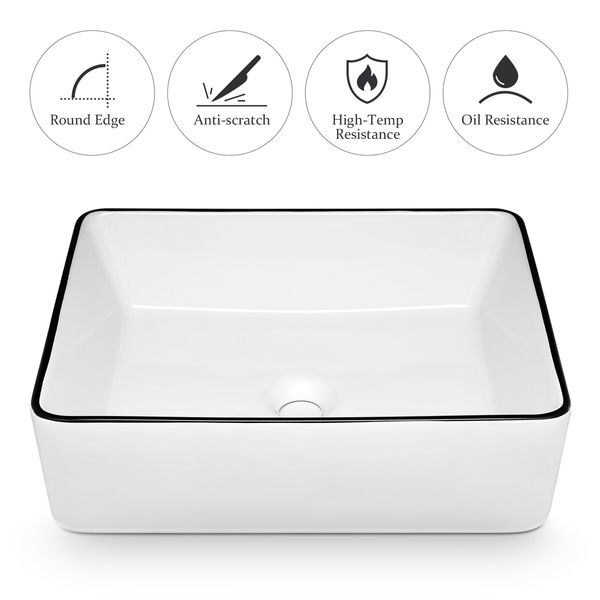 White Bathroom Sink Vessel Washing Basin Vanity Hand Wash Bowl Above Counter Bath Toilet Countertop Modern Ceramic Rectangle 