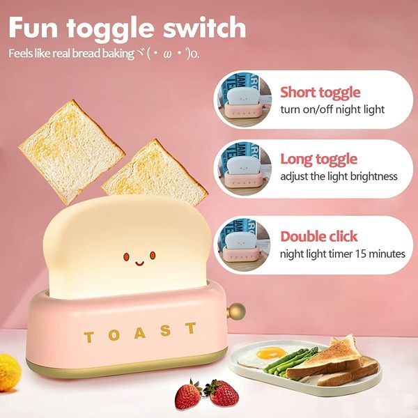 Desk Decor Toaster Lamp,Rechargeable Small Lamp with Smile Face Toast Bread Cute Toaster Shape Room Decor Night Light for Bedroom,Bedside,Living Room,Dining,Desk Decorations,Gift (Pink)