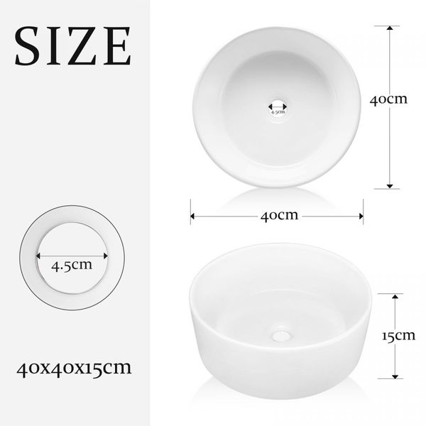 White Bathroom Sink Vessel Hand Wash Basin Vanity Washing Bowl Above Counter Toilet Bath Countertop Ceramic Modern Round 