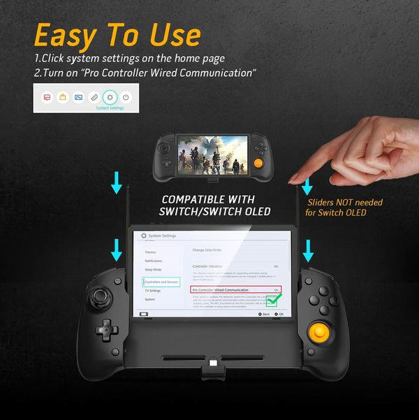 Ergonomic Nintendo Switch OLED Controller Grip for Handheld Mode with 6-Axis Gyro Back Button Mapping Vibration PD Fast Charge(Black)