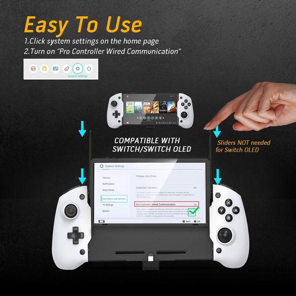 Ergonomic Nintendo Switch OLED Controller Grip for Handheld Mode with 6-Axis Gyro Back Button Mapping Vibration PD Fast Charge (White)