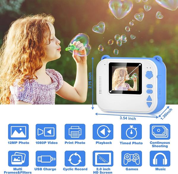 Kids Instant Camera for Age3+ Kids Toddlers Childrens Boys Girls Birthday Gifts 2.0 Inch Screen 12MP / 1080P HD Video Camera Baby Instant Print Digital Camera (Blue)