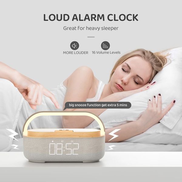 Bluetooth Speaker with Digital Alarm Clock Wireless Charger FM Clock Radio Adjustable LED Night Light 2500mAh Battery for Bedroom Home