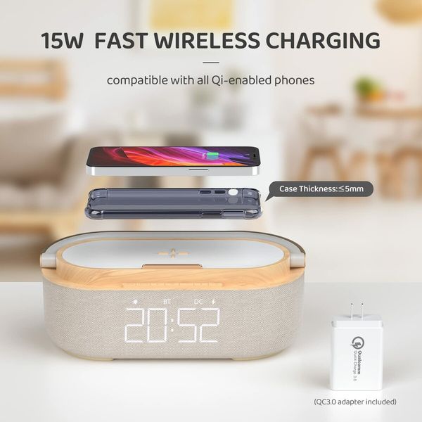 Bluetooth Speaker with Digital Alarm Clock Wireless Charger FM Clock Radio Adjustable LED Night Light 2500mAh Battery for Bedroom Home