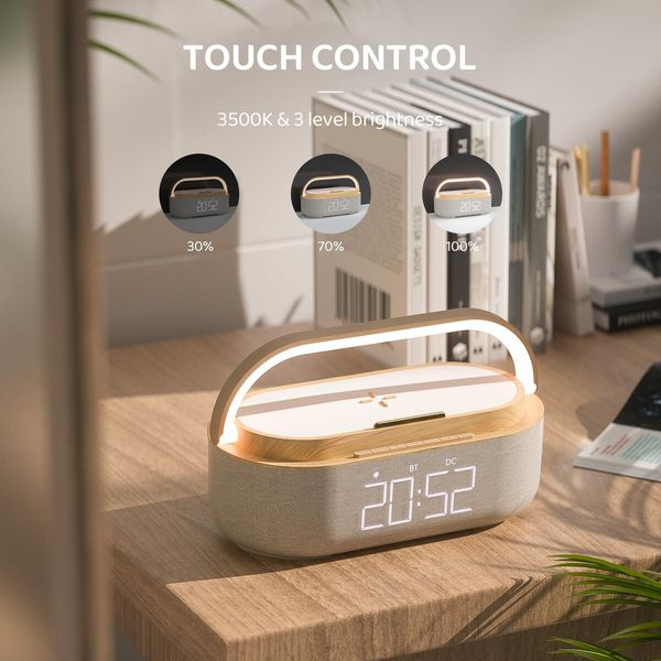 Bluetooth Speaker with Digital Alarm Clock Wireless Charger FM Clock Radio Adjustable LED Night Light 2500mAh Battery for Bedroom Home