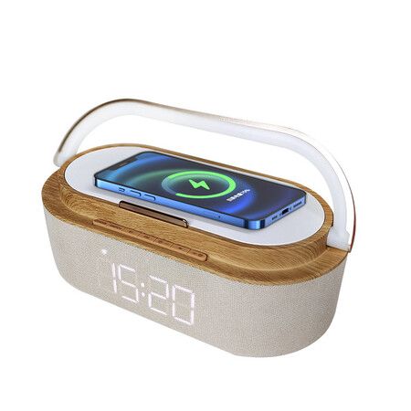 Bluetooth Speaker with Digital Alarm Clock Wireless Charger FM Clock Radio Adjustable LED Night Light 2500mAh Battery for Bedroom Home