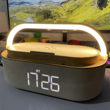 Bluetooth Speaker with Digital Alarm Clock Wireless Charger FM Clock Radio Adjustable LED Night Light 2500mAh Battery for Bedroom Home