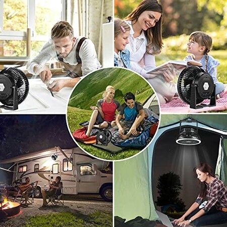 Camping Fan with Led Lantern 10000mAh 8inch Rechargeable Battery Operated Tent Fan Hanging Hook for Outdoor Fishing Hurricane Emergency