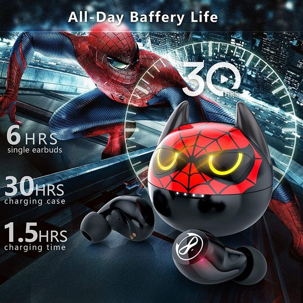 Wireless Earbuds, Touch Control Headset Stereo Sound in-Ear Wireless Earpiece, Bluetooth Earphones with Red Cartoon Charging Case(Bat)