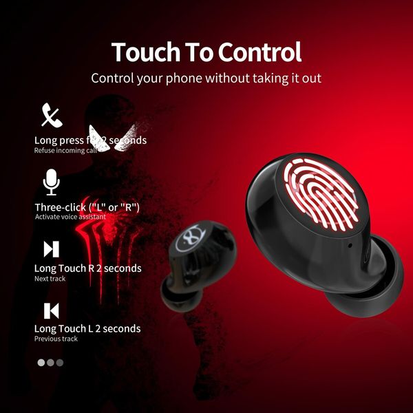 Wireless Earbuds, Touch Control Headset Stereo Sound in-Ear Wireless Earpiece, Bluetooth Earphones with Red Cartoon Charging Case(Bat)