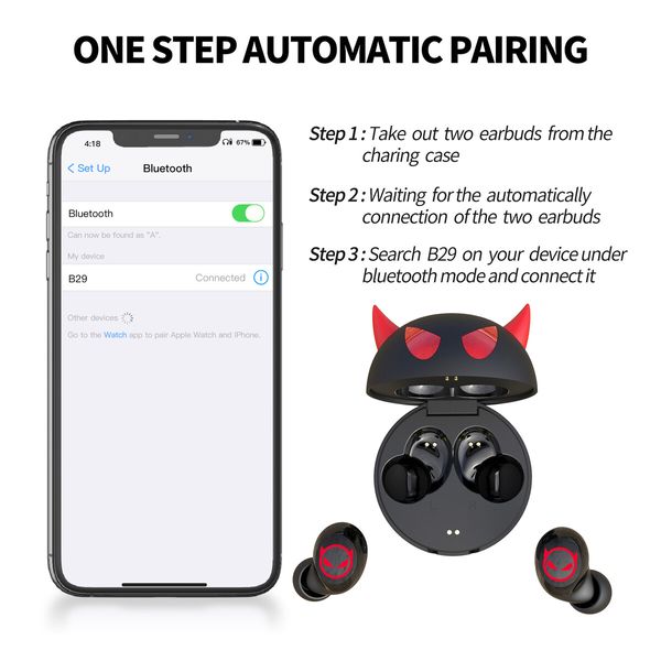 Wireless Earbuds, Touch Control Headset Stereo Sound in-Ear Wireless Earpiece, Bluetooth Earphones with Red Cartoon Charging Case(Devil)