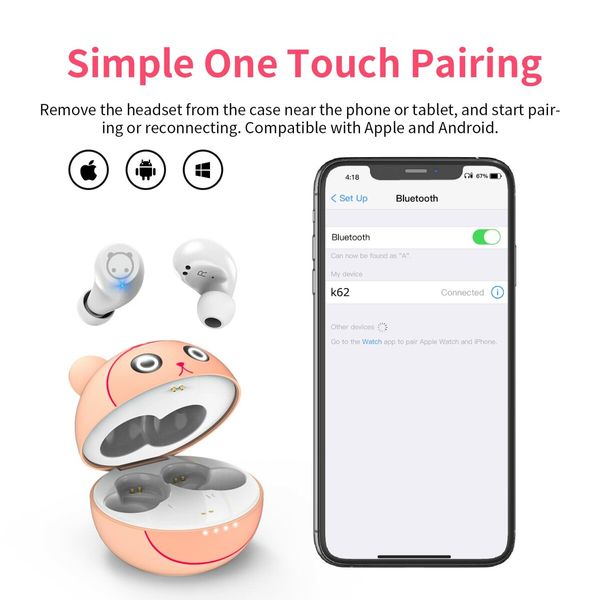 Wireless Earbuds Bluetooth Headphones with Cartoon Charging Case Touch Control Game Headset for Sports Running(Piggy Cat)