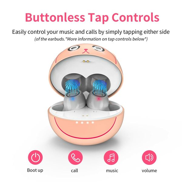 Wireless Earbuds Bluetooth Headphones with Cartoon Charging Case Touch Control Game Headset for Sports Running(Piggy Cat)