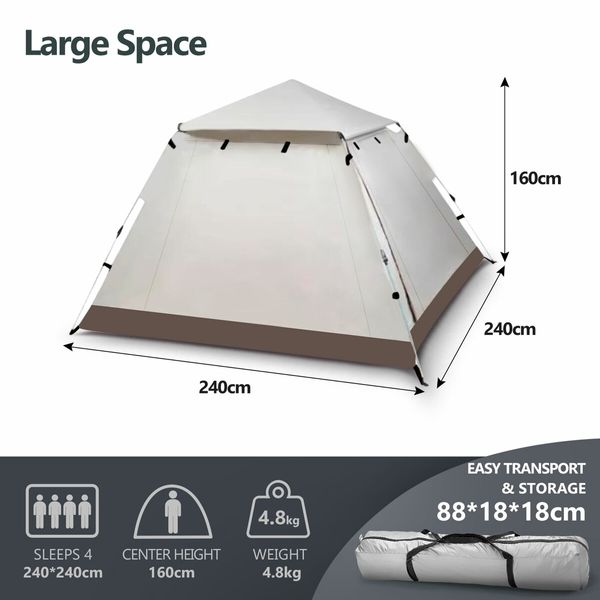 OGL 4 Person Tent Camping Instant Pop Up Family Beach Sun Shade Shelter Waterproof 240x240x160cm Creamy White