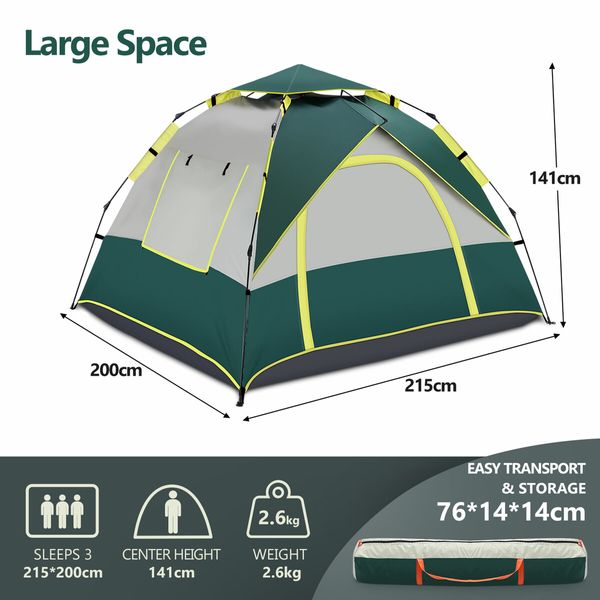 OGL 3 Person Tent Camping Pop Up Instant Beach Sun Shade Shelter Family Waterproof 215x200x141cm Green White