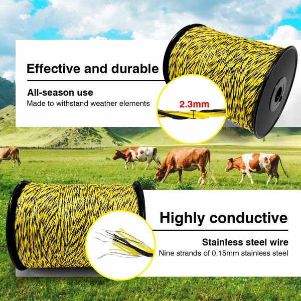 Electric Fence Poly Wire Tape Portable Temporary Fencing Polywire 400 Meters 2.3mm 9 Stainless Steel Strands Cattle Sheep Goats Horses Yellow and Black