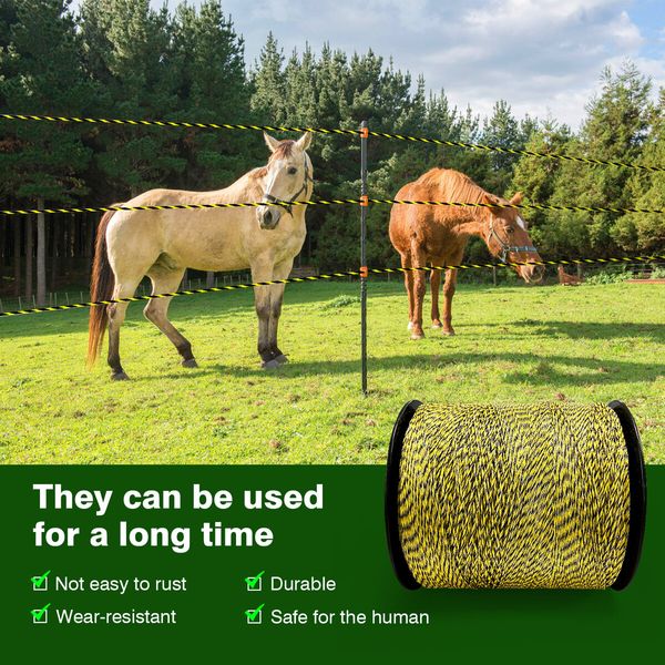 Electric Fence Poly Wire Portable Temporary Fencing Polywire 2500 Meters 2.3mm 9 Stainless Steel Strands Cattle Sheep Goats Horses Yellow and Dark