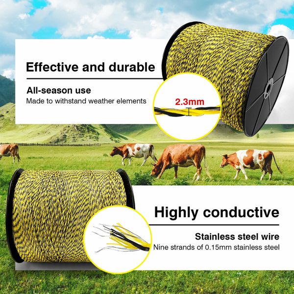 Electric Fence Poly Wire Portable Temporary Fencing Polywire 2500 Meters 2.3mm 9 Stainless Steel Strands Cattle Sheep Goats Horses Yellow and Dark