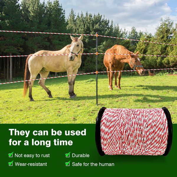 Electric Fence Poly Wire Portable Temporary Fencing Polywire 400 Meters 2.3mm 9 Stainless Steel Strands Cattle Sheep Goats Horses Red and White