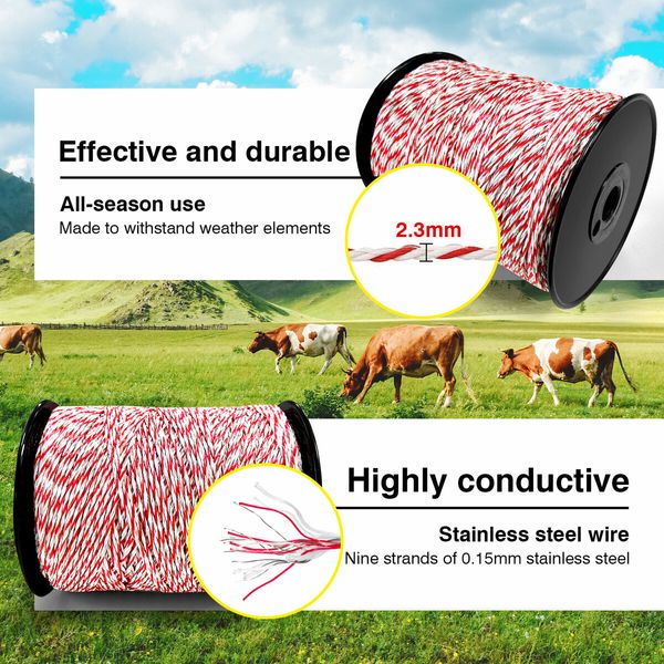 Electric Fence Poly Wire Portable Temporary Fencing Polywire 400 Meters 2.3mm 9 Stainless Steel Strands Cattle Sheep Goats Horses Red and White