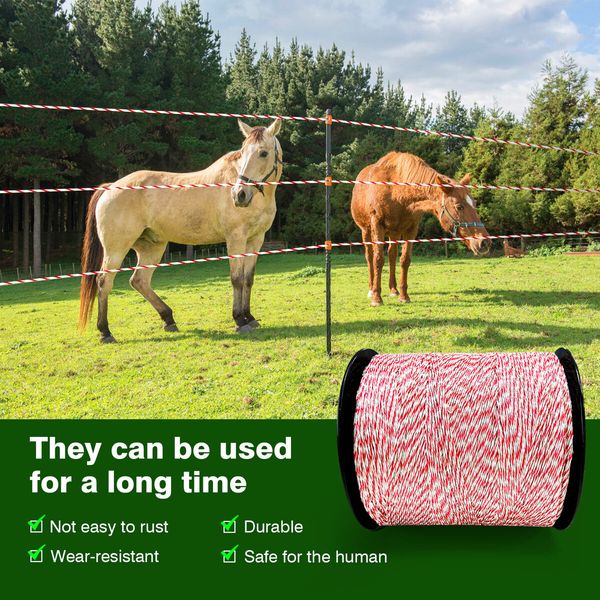 Electric Fence Poly Wire Portable Temporary Fencing Polywire 2500 Meters 2.3mm 9 Stainless Steel Strands Cattle Sheep Goats Horses Red and White