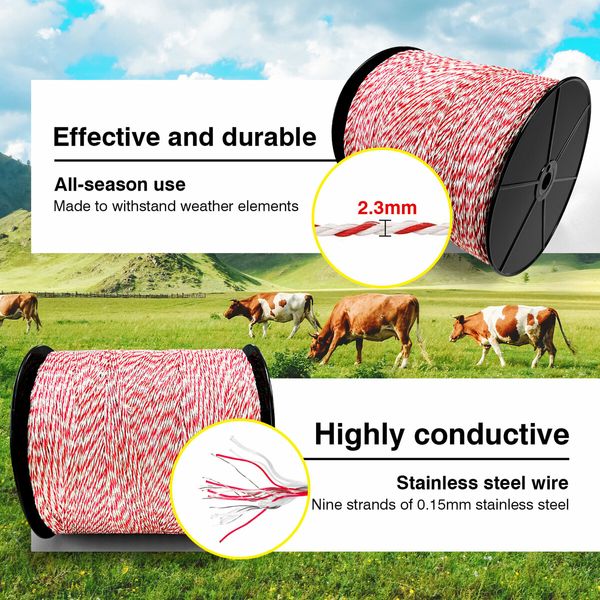 Electric Fence Poly Wire Portable Temporary Fencing Polywire 2500 Meters 2.3mm 9 Stainless Steel Strands Cattle Sheep Goats Horses Red and White