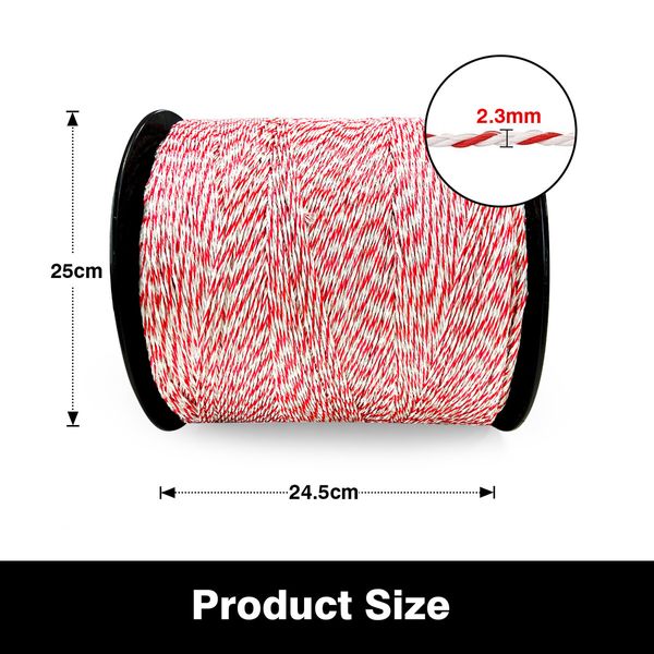 Electric Fence Poly Wire Portable Temporary Fencing Polywire 2500 Meters 2.3mm 9 Stainless Steel Strands Cattle Sheep Goats Horses Red and White