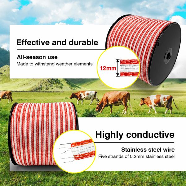 Electric Fence Poly Wire Tape 500 Meters 12mm Portable Temporary Fencing Polywire 5 Stainless Steel Strands Cattle Sheep Goats Horses