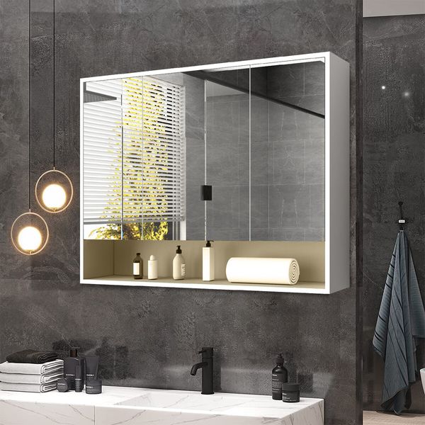 Bathroom Mirror Cabinet Medicine Shaver Shaving Wall Storage Cupboard Organiser Shelves Furniture with LED Lights Doors White