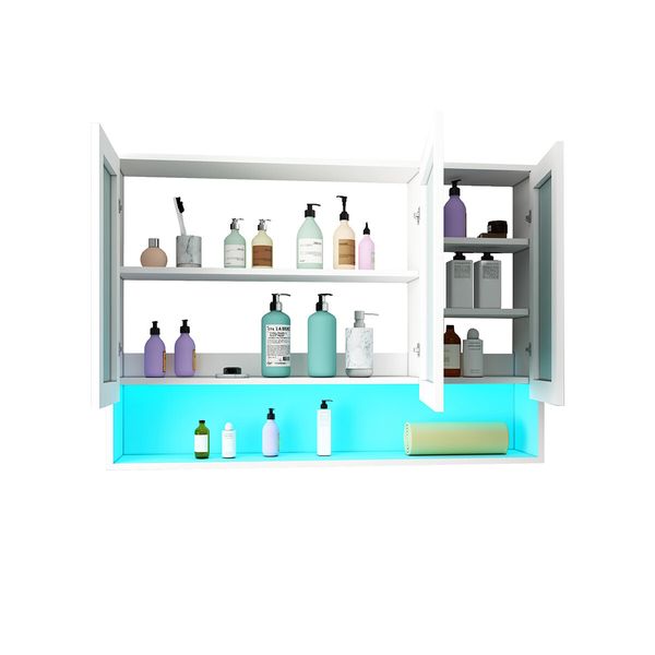 Bathroom Mirror Cabinet Medicine Shaver Shaving Wall Storage Cupboard Organiser Shelves Furniture with LED Lights Doors White