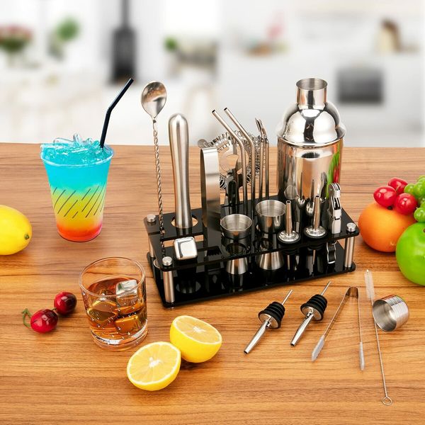 Cocktail Shaker Set 23-Piece Stainless Steel Bartender Kit with Acrylic Stand Booklet Bar Tools for Drink Mixing