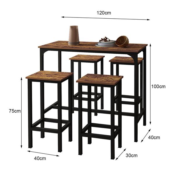 5 PCS Bar Table Set 4 Chairs Stools Kitchen Dining Height Counter Modern Wooden Top Metal Frame