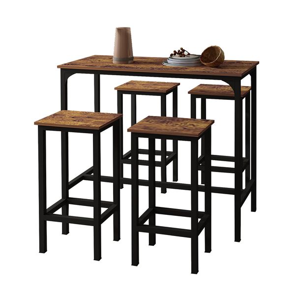 5 PCS Bar Table Set 4 Chairs Stools Kitchen Dining Height Counter Modern Wooden Top Metal Frame