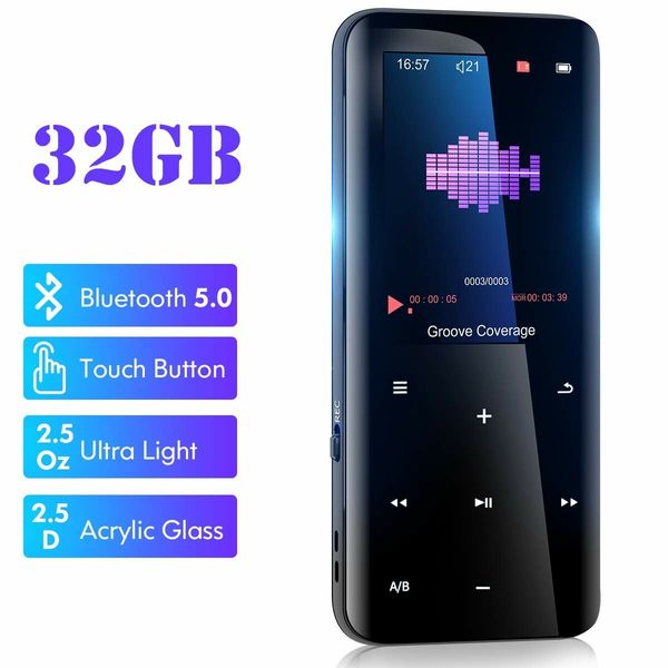 32GB Mp3 Player with Bluetooth - Portable Digital Lossless Music MP3 MP4 Player for Kids with FM Radio HD Speaker for Sports Running Super Light Metal Shell Touch Buttons