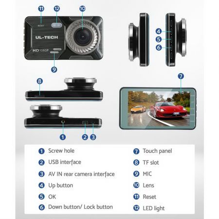 UL-tech 1080P 4" Dash Camera Dual Lens Car DVR Recorder Front Rear Night Vision