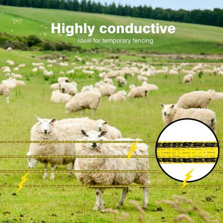 Electric Fence Poly Wire Tape 500 Meters 12mm Portable Temporary Fencing Polywire 5 Stainless Steel Strands Cattle Sheep Goats Horses Yellow and Dark