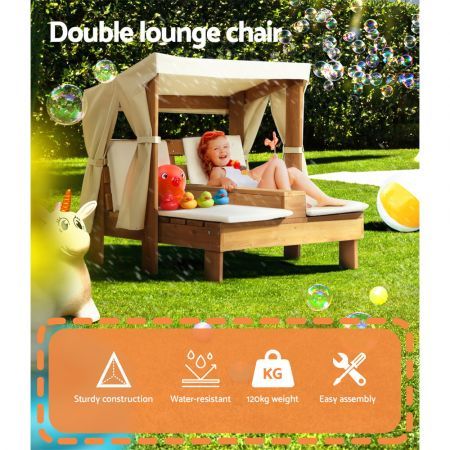 Keezi Kids Outdoor Double Wooden Lounge Chair with Canopy Chaise Cup Holders