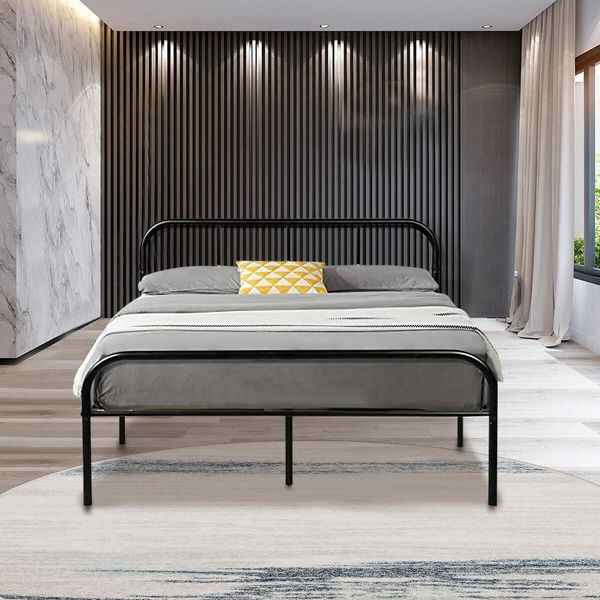 Queen Bed Base Frame Black Metal Platform Mattress Foundation with Storage Headboard Footboard 