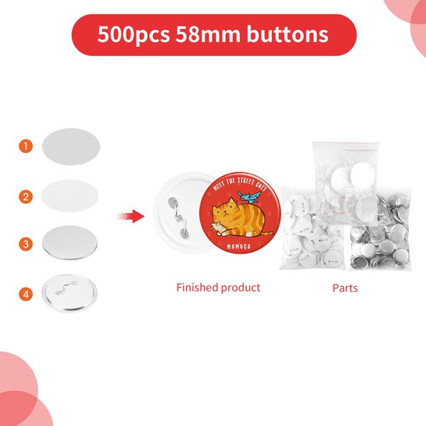 Button Badge Maker Machine Kit DIY Pin Press 58mm 500 Buttons Making Supplies Paper Cutter Metal Shell Pin Back Clear Cover PVC Film